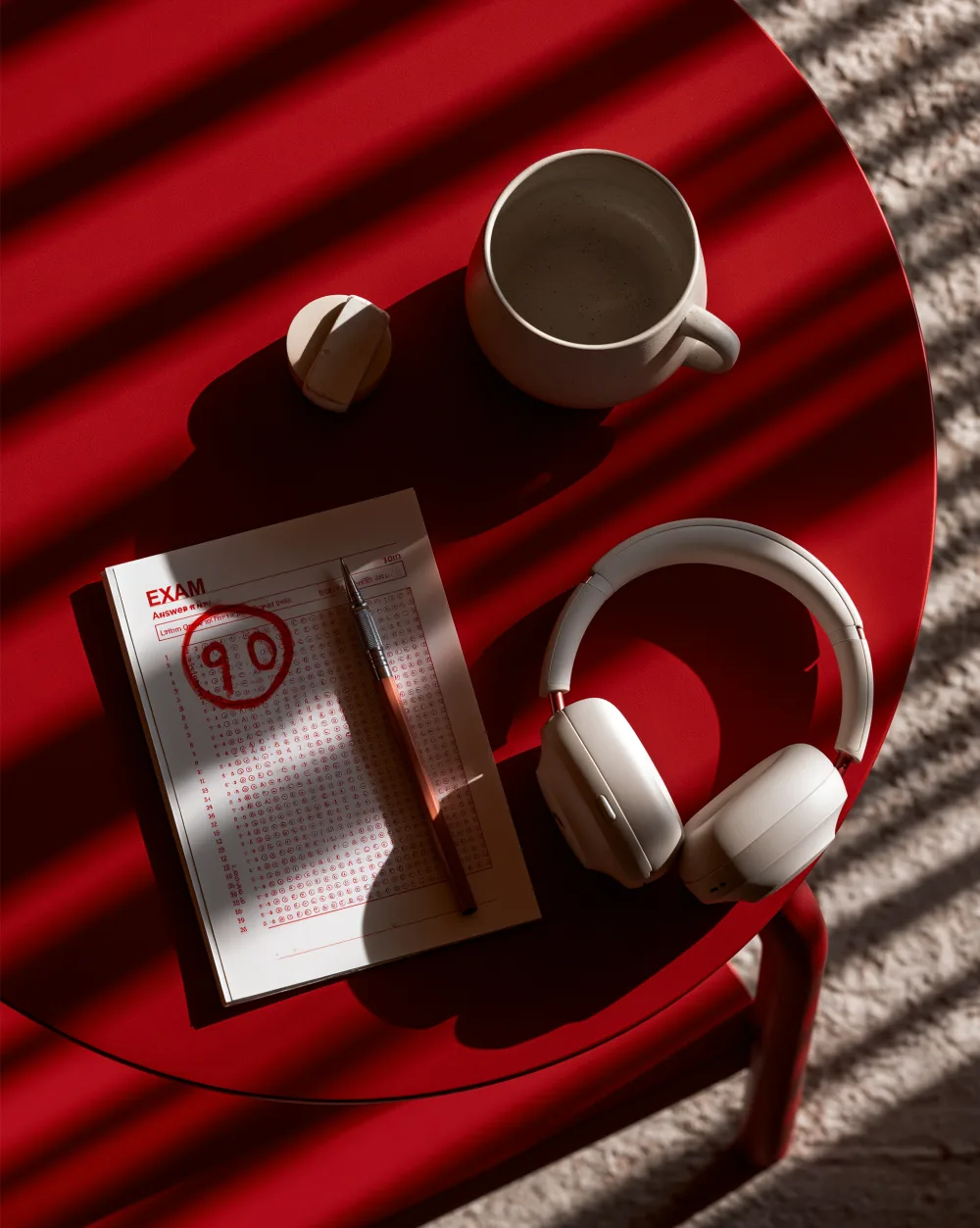 An IELTS answer sheet scored 90, with headphones and coffee on a red desk