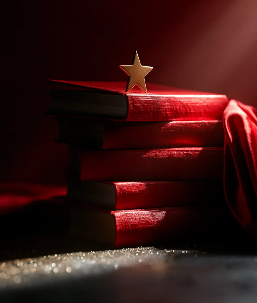 A stack of red study books crowned with a gold star