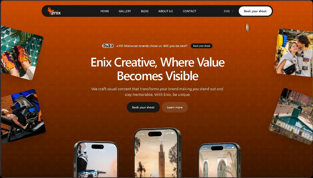 Page d'accueil d'Enix Creative avec un titre affirmé et une couleur de marque chaleureuse