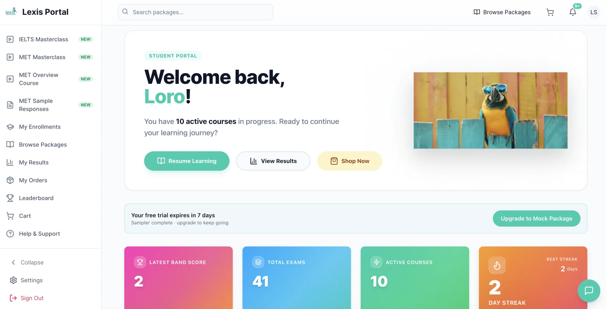 Enix student portal dashboard with courses, progress, scores, and learning actions