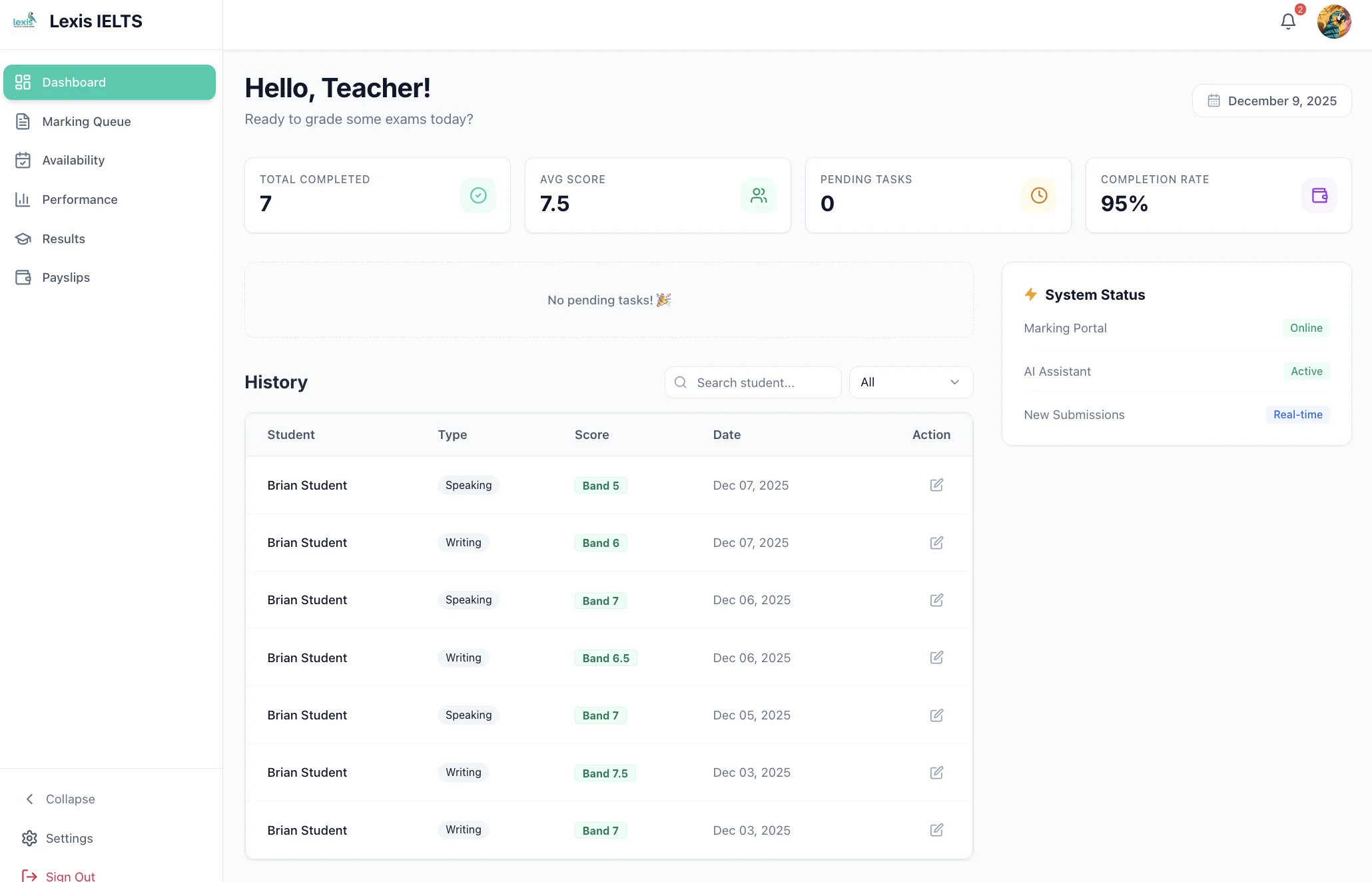 Enix teacher dashboard with grading history and performance metrics