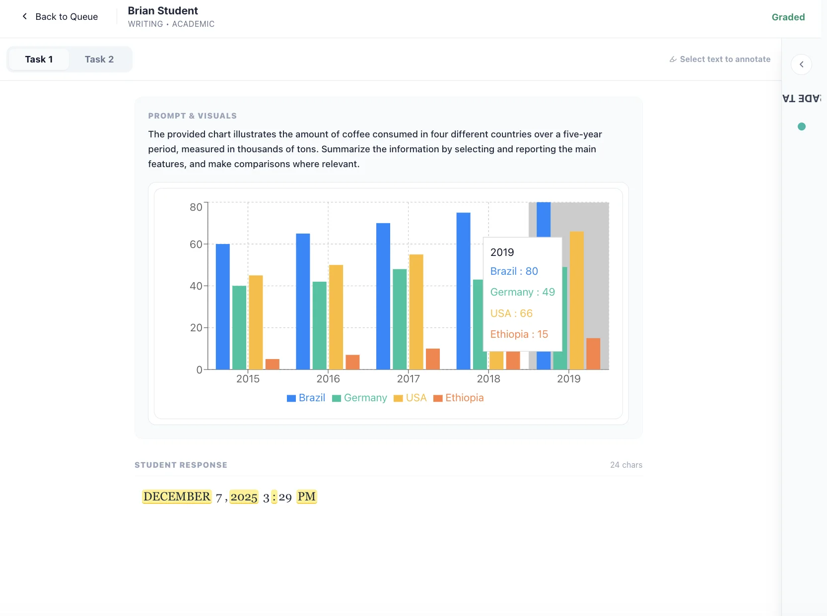 Enix writing review interface with an IELTS chart prompt and annotated response