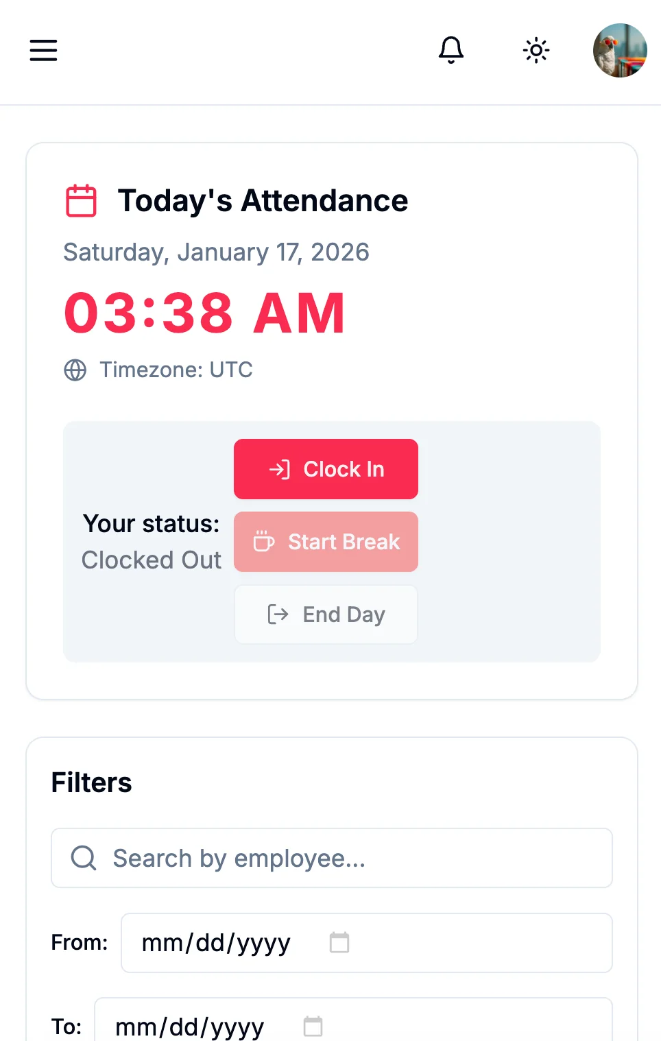 LoroHR attendance and clock-in interface