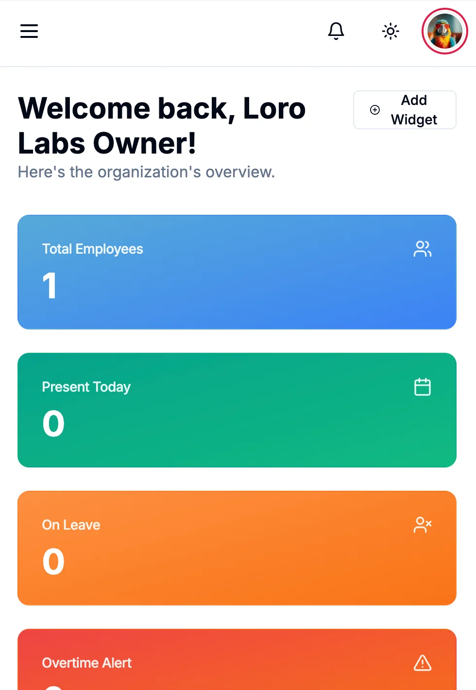 LoroHR company dashboard on a mobile viewport