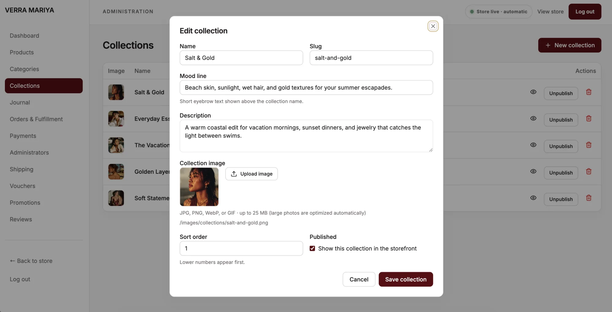Verra Mariya administration dashboard editing the Salt and Gold collection